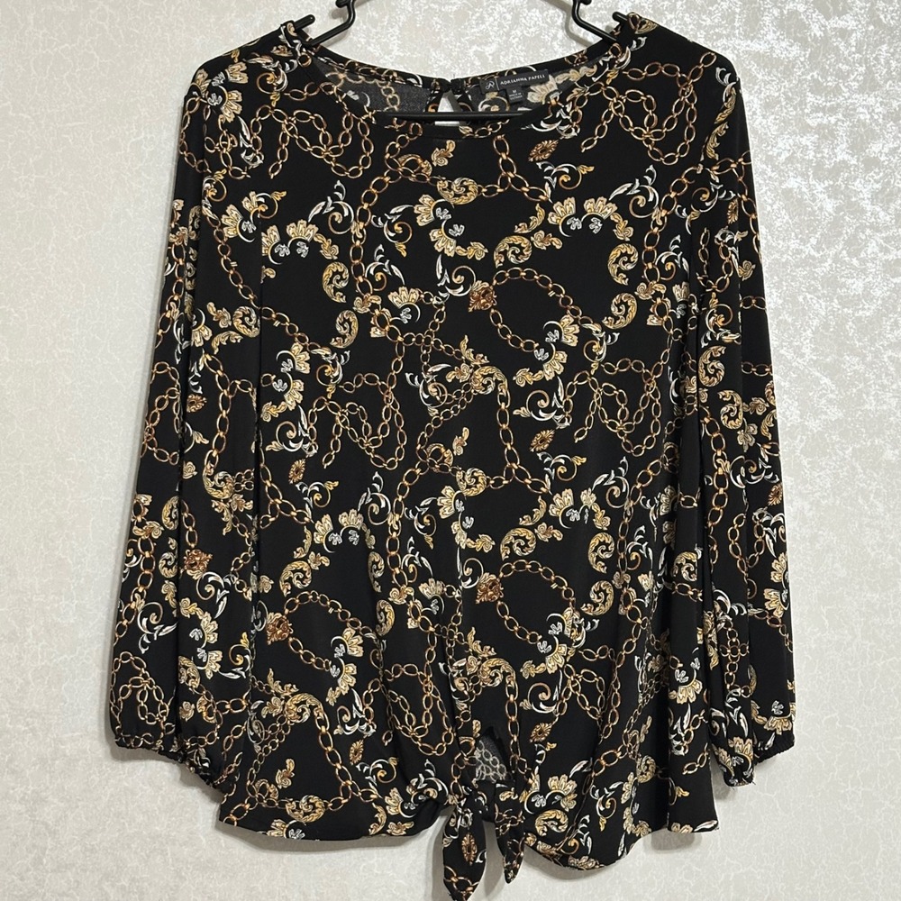 Adrianna Papell Gold Chain Print Tie Front Blouse Baroque Scroll Black Classic M